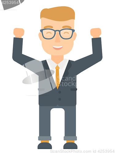 Image of Businessman standing with raised arms up.
