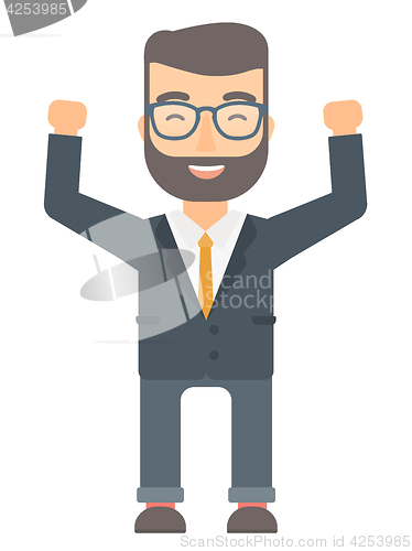 Image of Businessman standing with raised arms up.