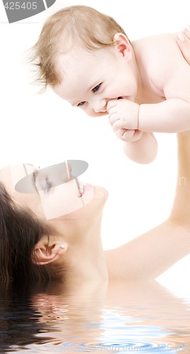 Image of laughing blue-eyed baby playing with mom