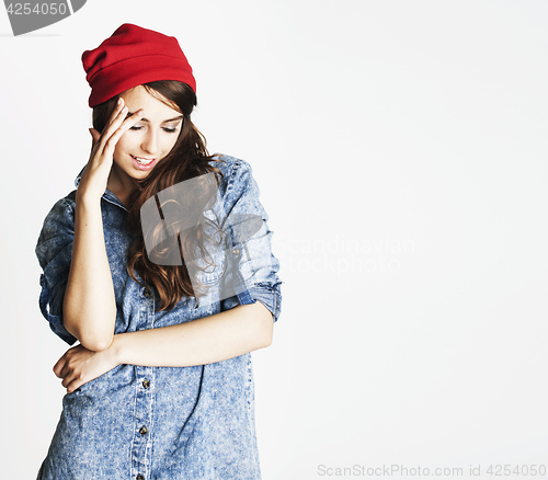 Image of young cheerful brunette teenage girl on white background