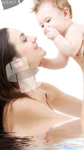 Image of blue-eyed baby in mother hands