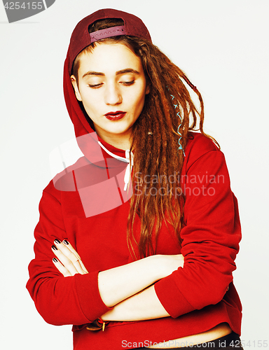 Image of real caucasian woman with dreadlocks hairstyle funny cheerful fa