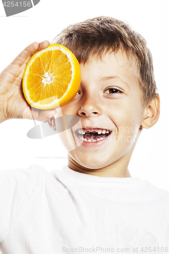 Image of little cute boy with orange fruit double isolated on white smili
