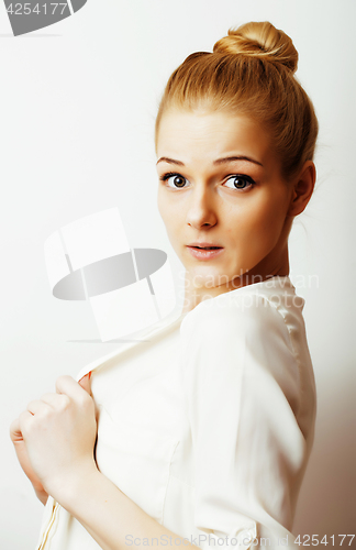 Image of young blond woman on white backgroung gesture thumbs up, isolate