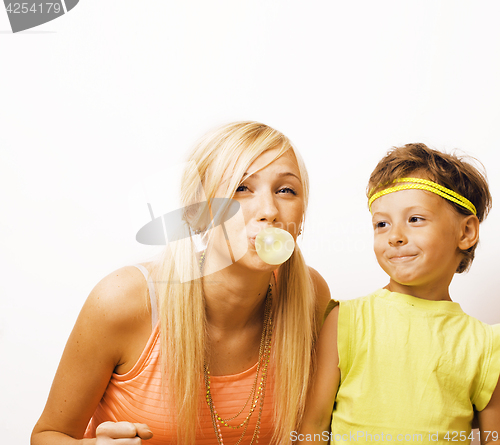 Image of funny mother and son with bubble gum