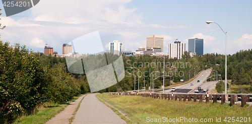 Image of Anchorage Alaska Daytime Downtown City Skyline Bike Path Highway