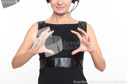 Image of Businesswoman pressing high tech type of modern buttons on a virtual keyboard