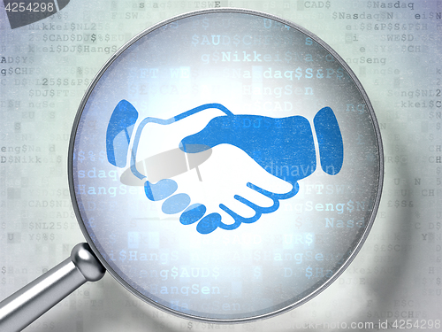 Image of Business concept: Handshake with optical glass on digital background