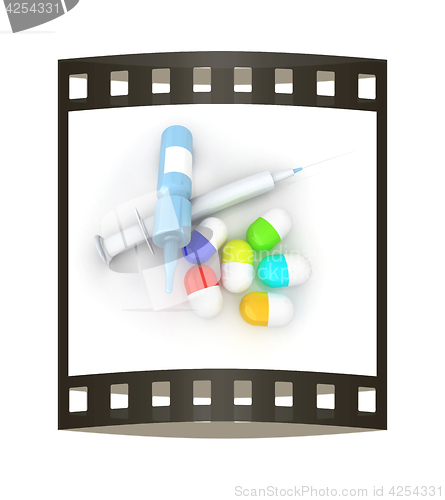 Image of Syringe, tablet, pill jar. 3D illustration. The film strip