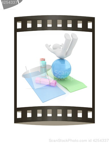 Image of 3d man on a karemat with fitness ball. 3D illustration. The film