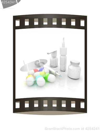 Image of Syringe, tablet, pill jar. 3D illustration. The film strip