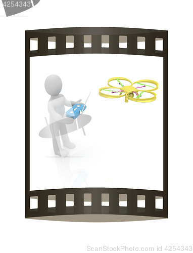 Image of 3d man with drone, quadrocopter, with photo camera. 3d render. 3