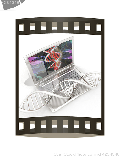 Image of Laptop with dna medical model background on laptop screen. 3d il