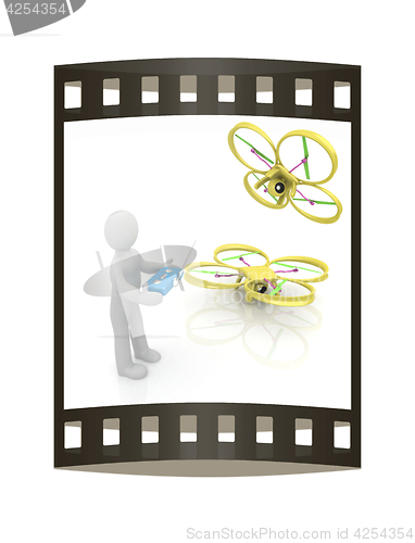 Image of 3d man with drone, quadrocopter, with photo camera. 3d render. 3