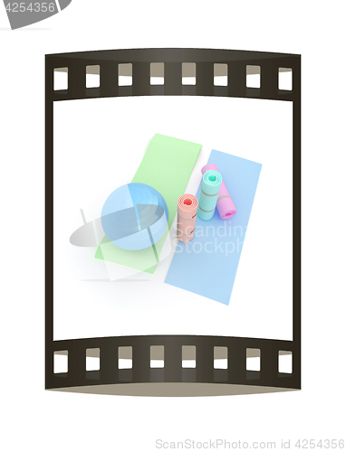 Image of karemat and fitness ball. 3D illustration. The film strip