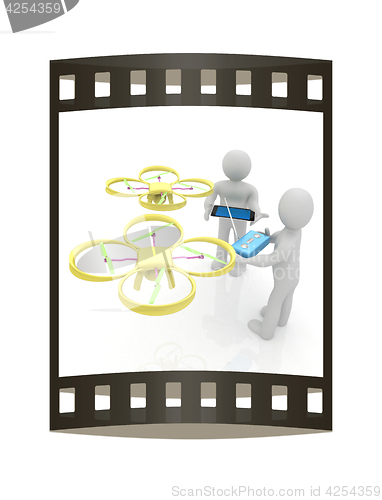 Image of 3d white people. Man flying a white drone with camera. 3D render