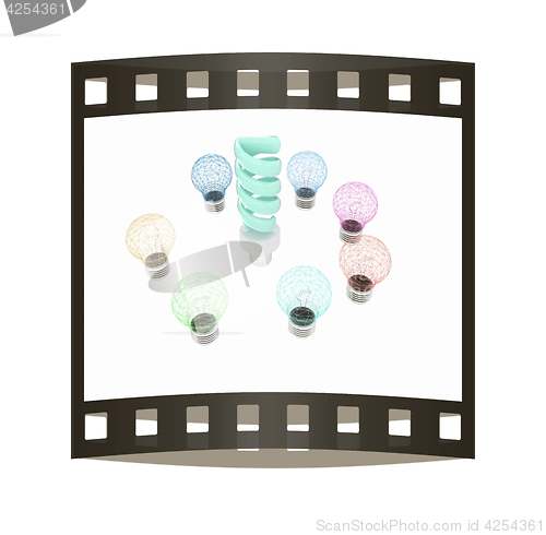 Image of energy-saving lamps. 3D illustration. The film strip