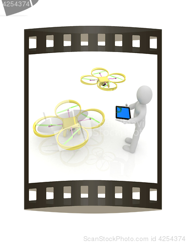 Image of 3d white people. Man flying a white drone with camera. 3D render