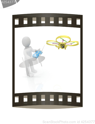 Image of 3d man with drone, quadrocopter, with photo camera. 3d render. 3