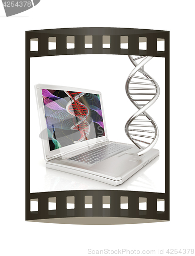 Image of Laptop with dna medical model background on laptop screen. 3d il