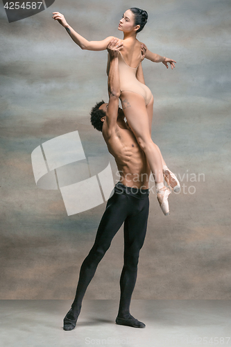 Image of Couple of ballet dancers posing over gray background