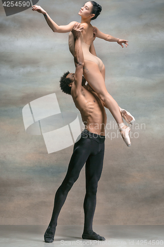 Image of Couple of ballet dancers posing over gray background