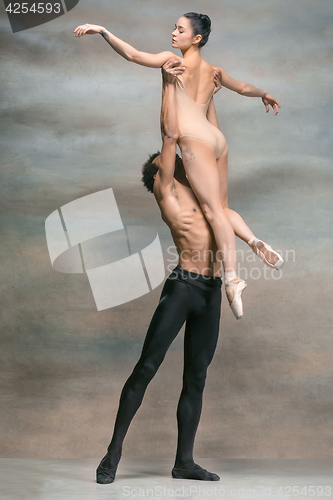 Image of Couple of ballet dancers posing over gray background