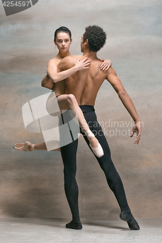 Image of Couple of ballet dancers posing over gray background