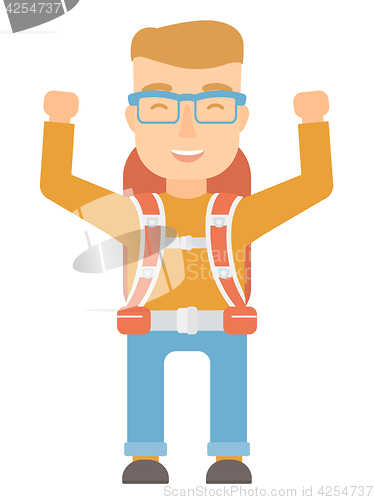 Image of Backpacker with hands up vector illustration.