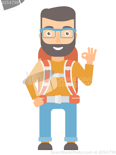 Image of Backpacker showing ok sign vector illustration.