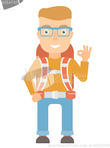 Image of Backpacker showing ok sign vector illustration.