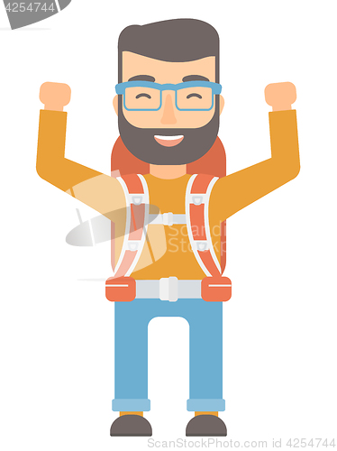 Image of Backpacker with hands up vector illustration.