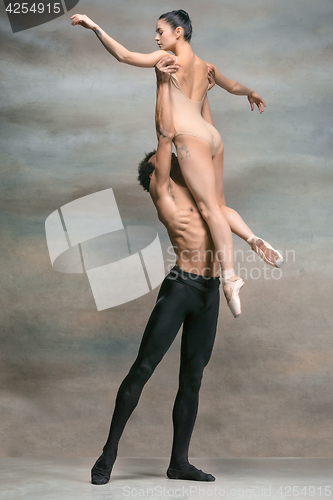 Image of Couple of ballet dancers posing over gray background