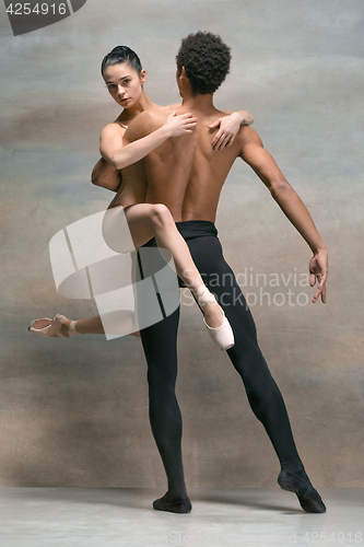 Image of Couple of ballet dancers posing over gray background