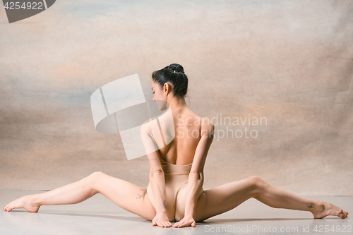 Image of The ballerina is sitting with her back legs wide apart