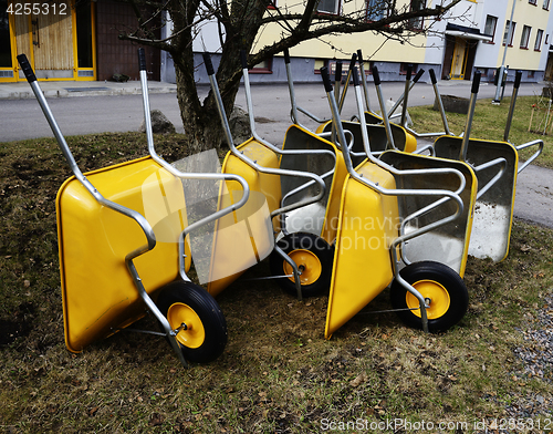 Image of lot of empty new yellow garden wheelbarrows in the yard