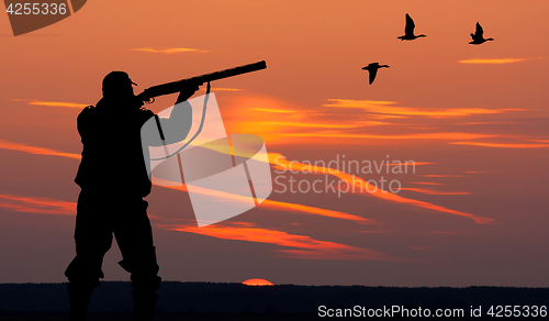 Image of the silhouette of a hunter on sunset background