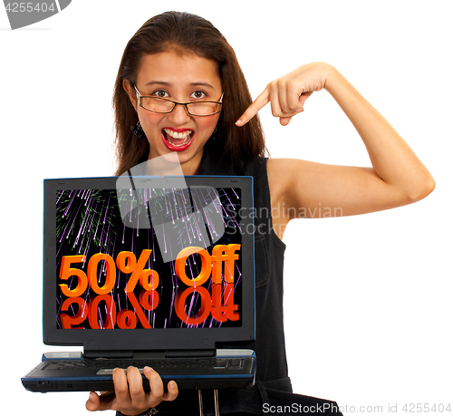 Image of Girl With 50% Off Screen Showing Sale Discount Of Fifty Percent