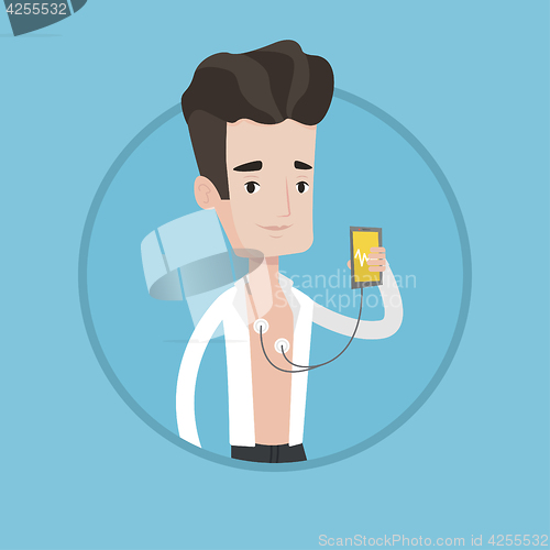 Image of Man measuring heart rate pulse with smartphone.