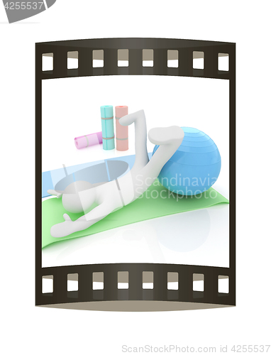 Image of 3d man on a karemat with fitness ball. 3D illustration. The film