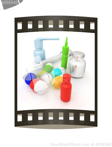 Image of Syringe, tablet, pill jar. 3D illustration. The film strip