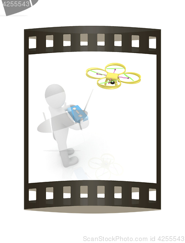 Image of 3d man with drone, quadrocopter, with photo camera. 3d render. 3