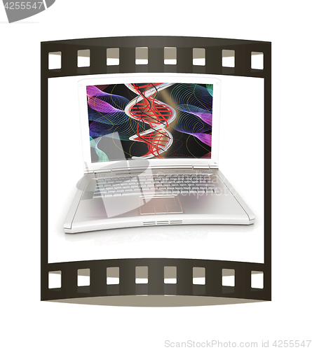 Image of Laptop with dna medical model background on laptop screen. 3d il