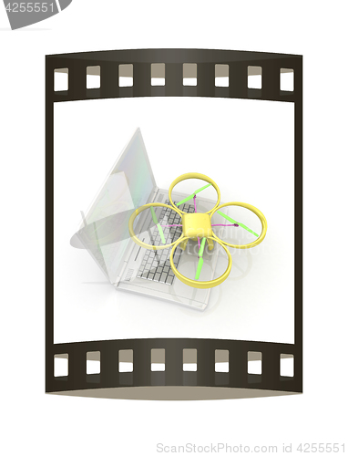 Image of Drone and laptop. 3D render. The film strip