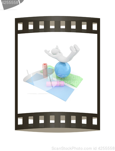 Image of 3d man on a karemat with fitness ball. 3D illustration. The film