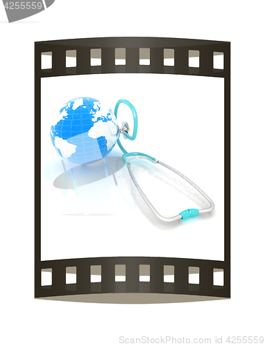 Image of stethoscope and globe.3d illustration. The film strip