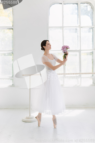 Image of Young and incredibly beautiful ballerina is posing and dancing in a white studio