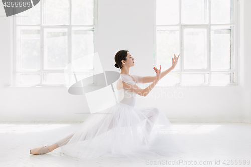 Image of Young and incredibly beautiful ballerina is posing and dancing in a white studio