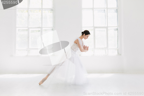 Image of Young and incredibly beautiful ballerina is posing and dancing in a white studio