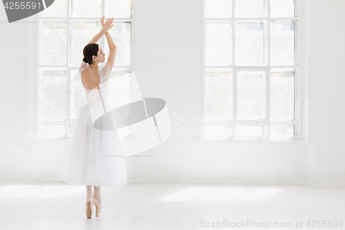 Image of Young and incredibly beautiful ballerina is posing and dancing in a white studio